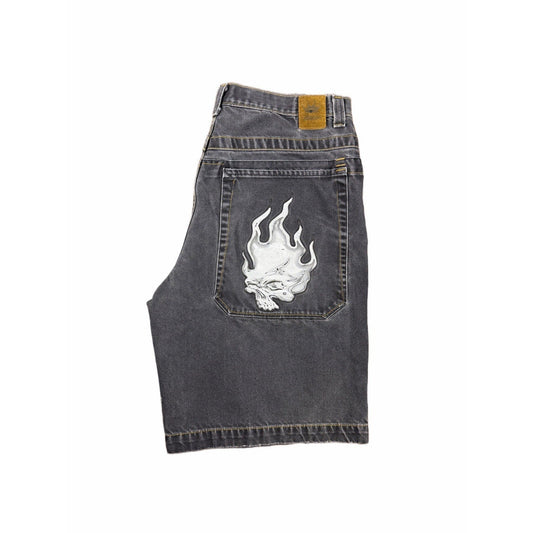 JNCO Flaming Skull baggy loose faded black denim shorts, vintage, L/XL (38 in waist)