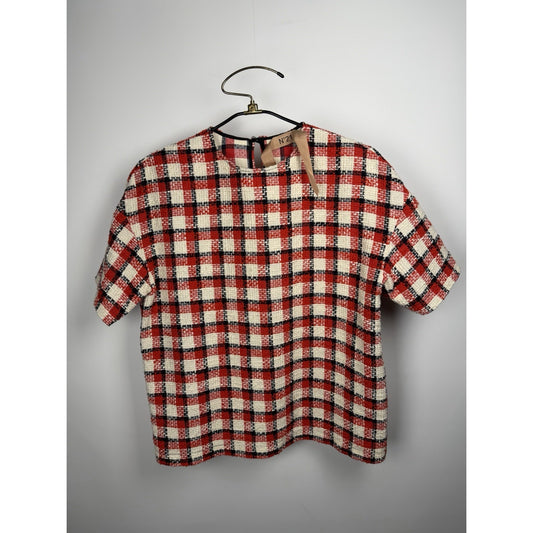 N21 Women Boucle Cotton Woven Top Large Blue/red/white Plaid 40 21x24
