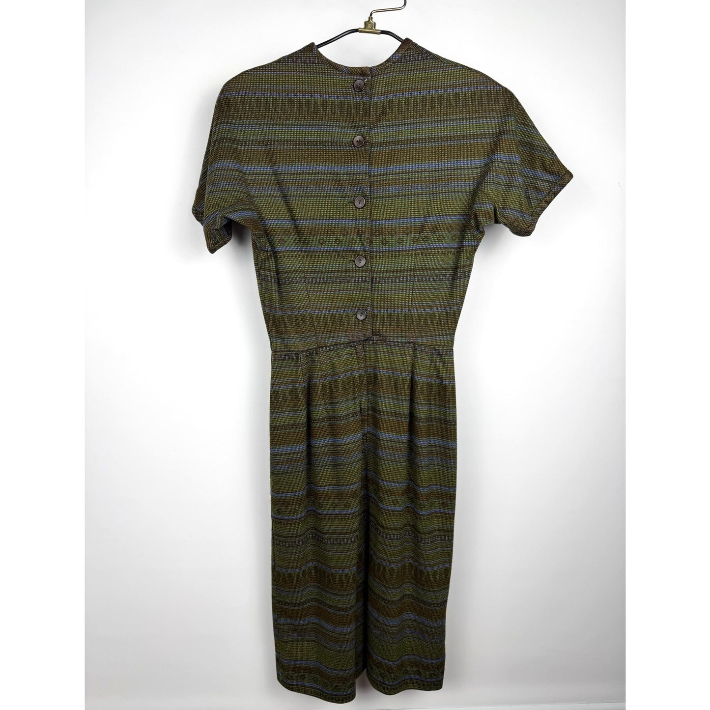 Vintage 40s 50s Soft Abstract Stripes Art button-back Dress XS MCM green brown