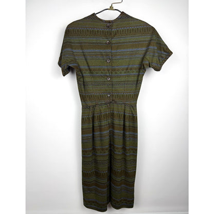 Vintage 40s 50s Soft Abstract Stripes Art button-back Dress XS MCM green brown