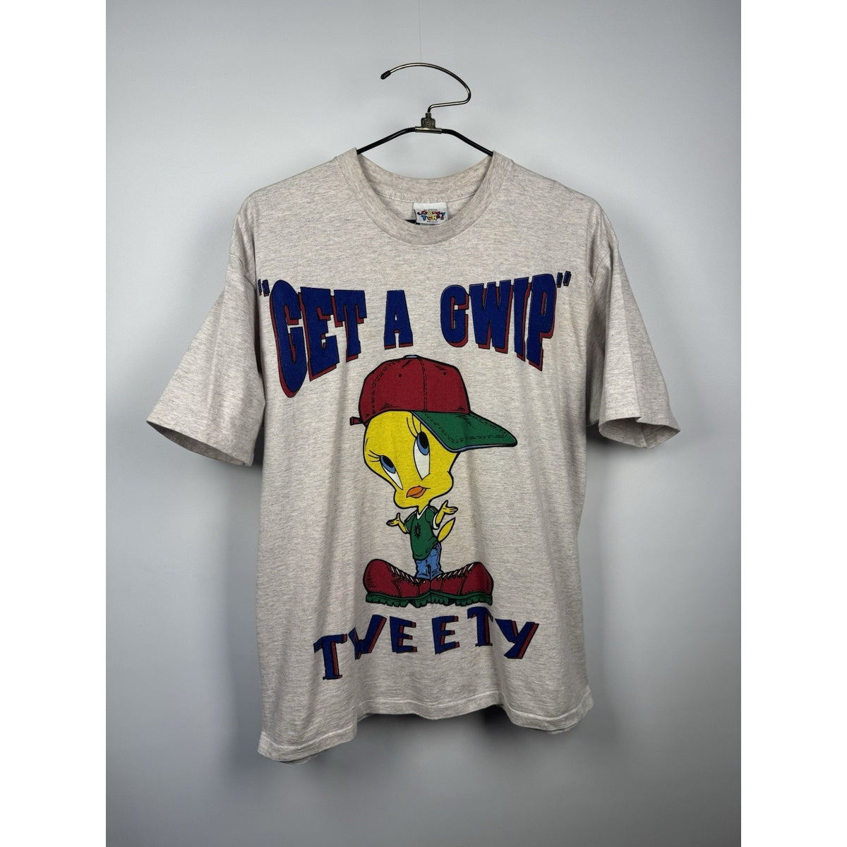 Vintage 1996 Tweety Bird Get a Gwip Tee Looney Tunes Hip Hop Cartoon Gray XL