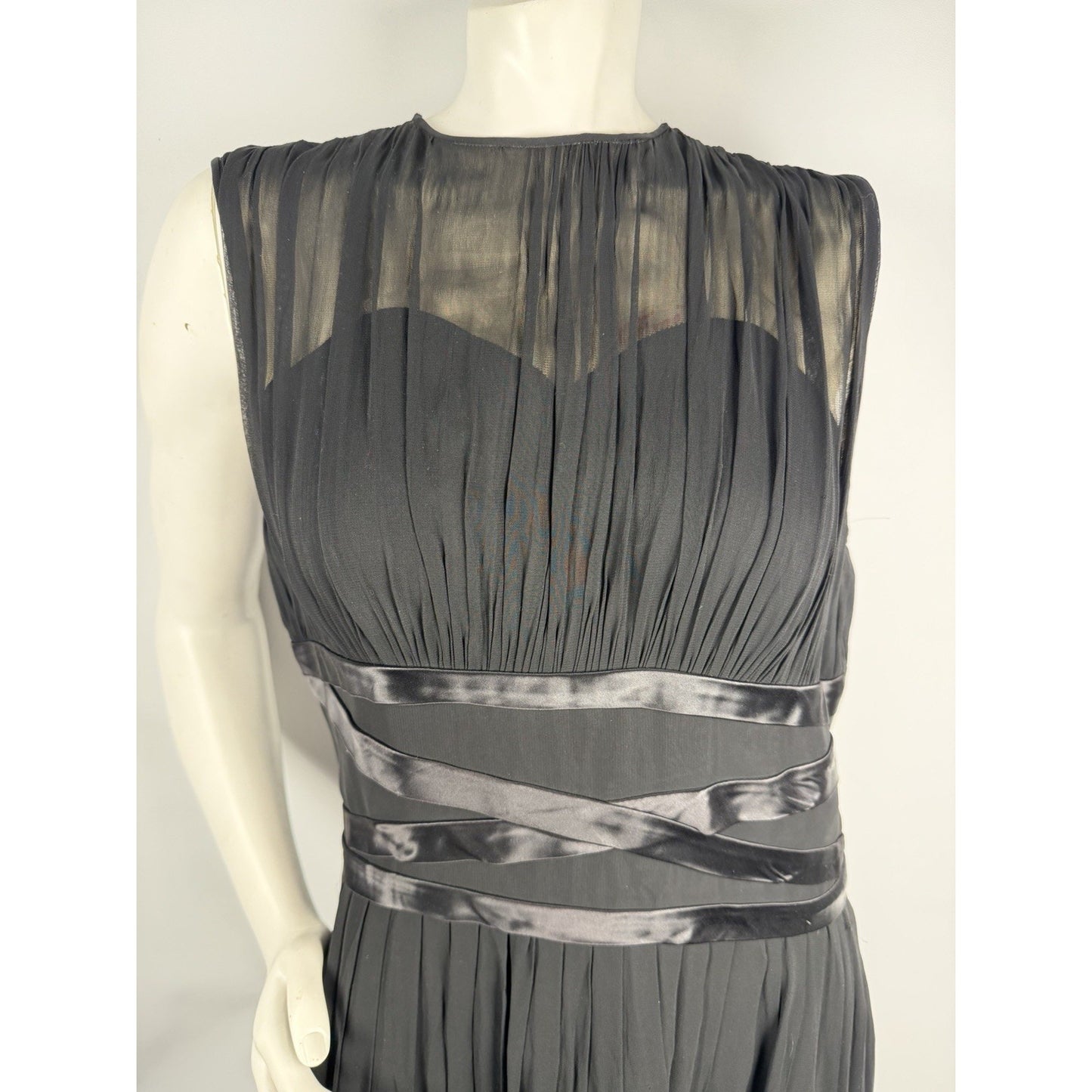 Vintage 1950s Mid Century Retro Black Chiffon Pleated Fit Flare Sleeveless Dress