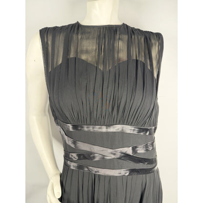 Vintage 1950s Mid Century Retro Black Chiffon Pleated Fit Flare Sleeveless Dress