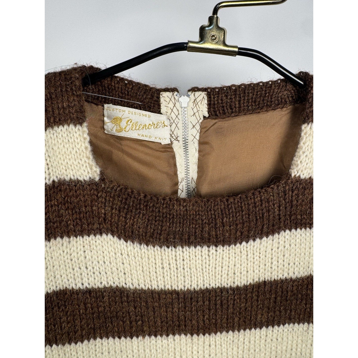 1950s Wool Striped Knit Dress Brown White Secretary Mad Men Pin Up Small-Med