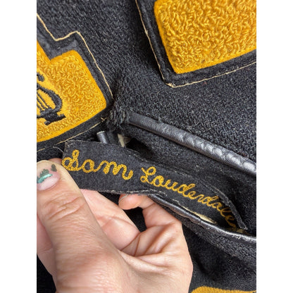Vintage 1940s-50s black wool and gold leather varsity jacket, H patch