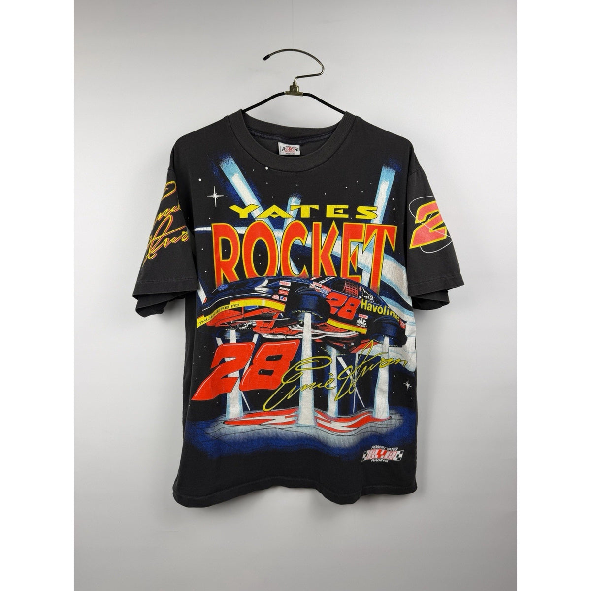 Vintage 90s Ernie Irvan Yates Rocket Nascar all over print tee, XL