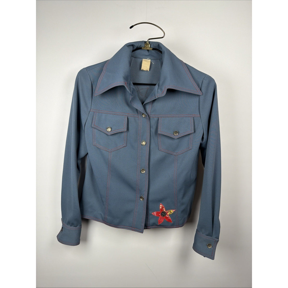 Vtg 70s Poly Chambray Folk Art Shirt Patchwork Appliqué Flowers Hippie