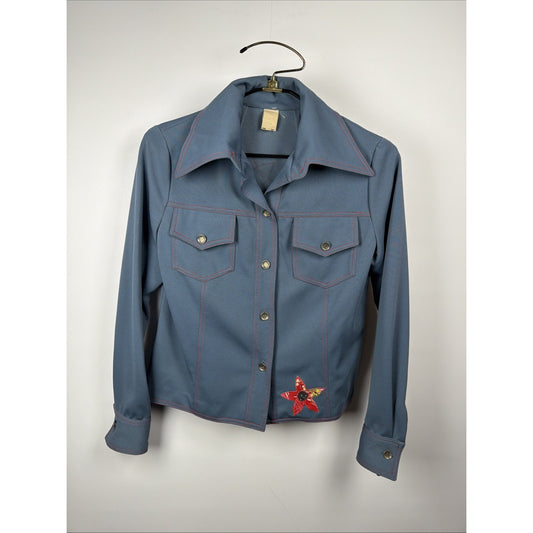 Vtg 70s Poly Chambray Folk Art Shirt Patchwork Appliqué Flowers Hippie