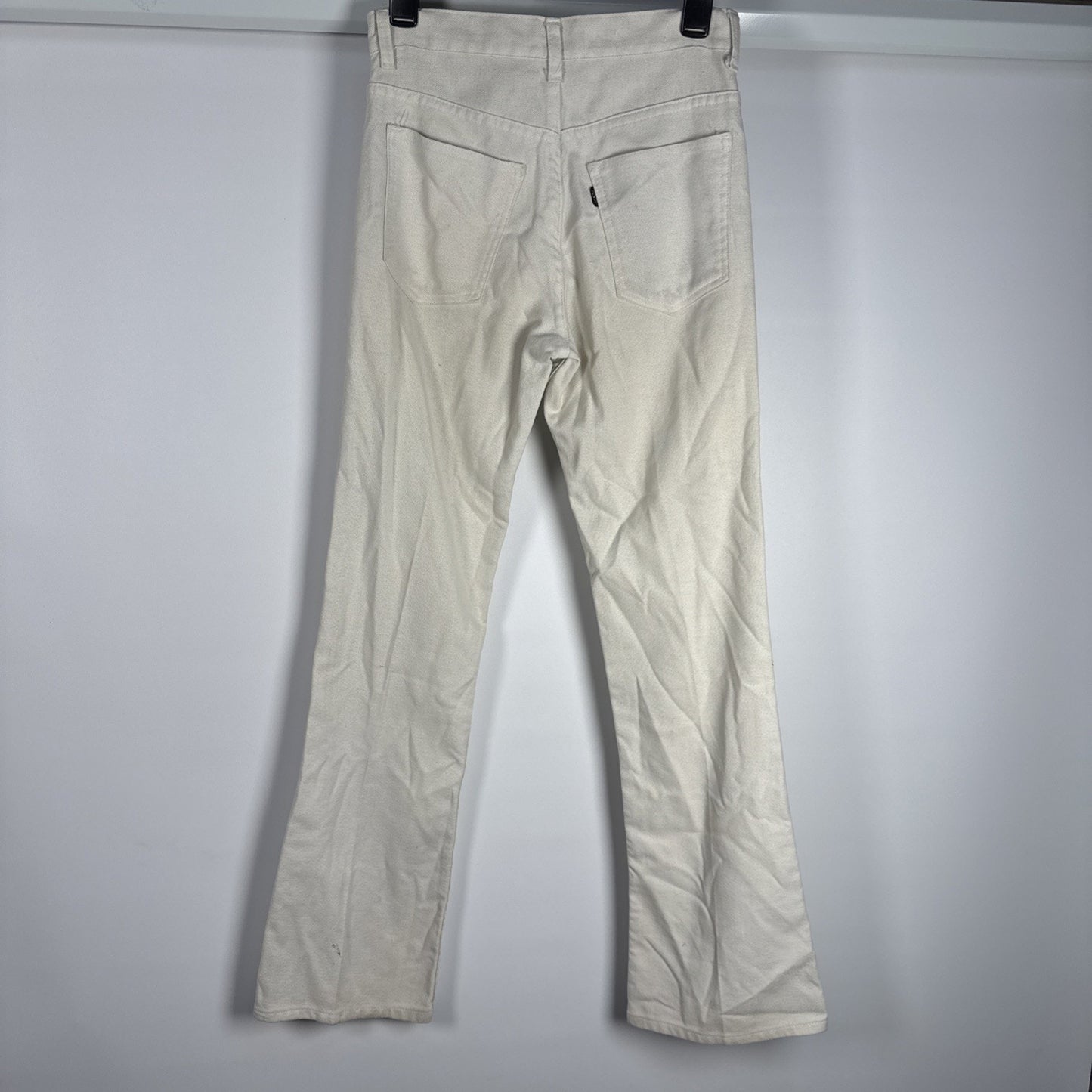 1970s Levi’s Sta-Prest Big E Black Tab Flared White Embellished Pants 28x31