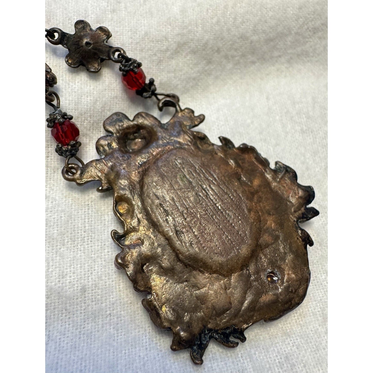 Antique Victorian Painted Glass Floral Necklace Bronze Red Glass Pendant