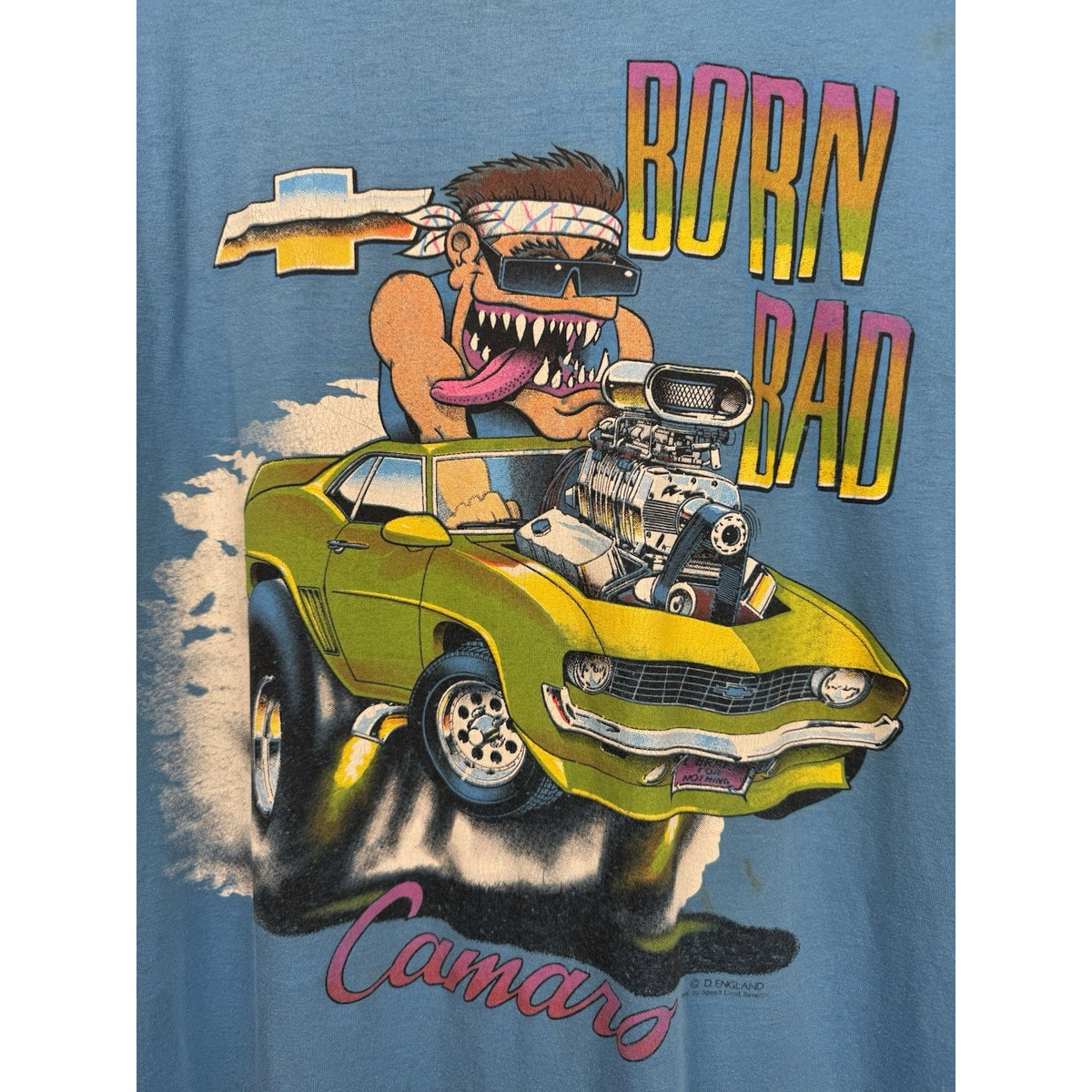 Vintage Chevy Camaro Born Bad tee, D. England art, single stitch, L