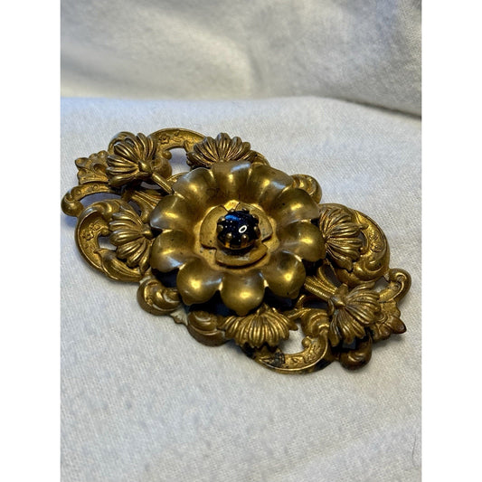 Antique Late Victorian Rococo Revival Brooch, c. 1870–1895 Black Glitter Floral