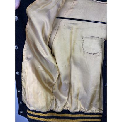 Vintage 1940s-50s black wool and gold leather varsity jacket, H patch