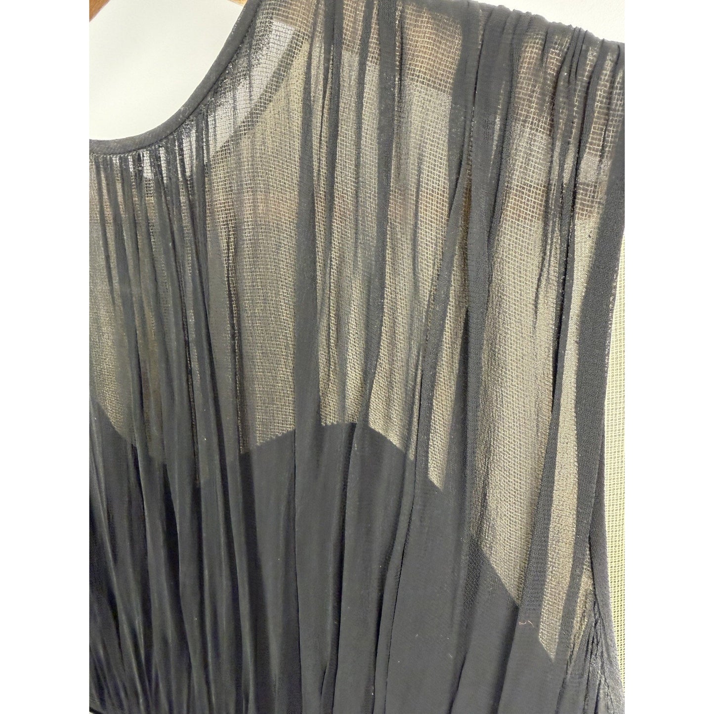 Vintage 1950s Mid Century Retro Black Chiffon Pleated Fit Flare Sleeveless Dress
