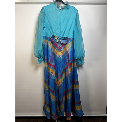 Vintage 1970s Dress Maxi Chiffon Overlay Bow Blue Pink Plaid L/XL Stunning