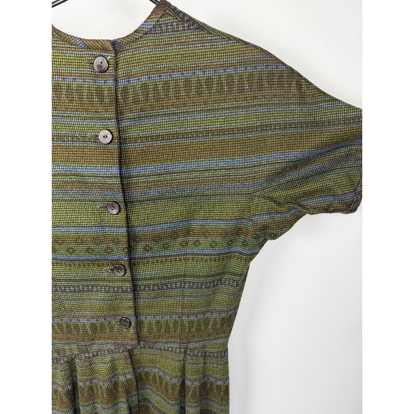 Vintage 40s 50s Soft Abstract Stripes Art button-back Dress XS MCM green brown