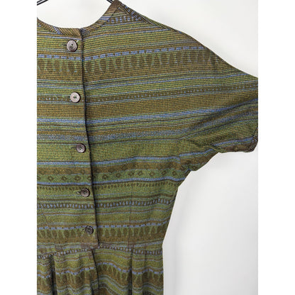 Vintage 40s 50s Soft Abstract Stripes Art button-back Dress XS MCM green brown