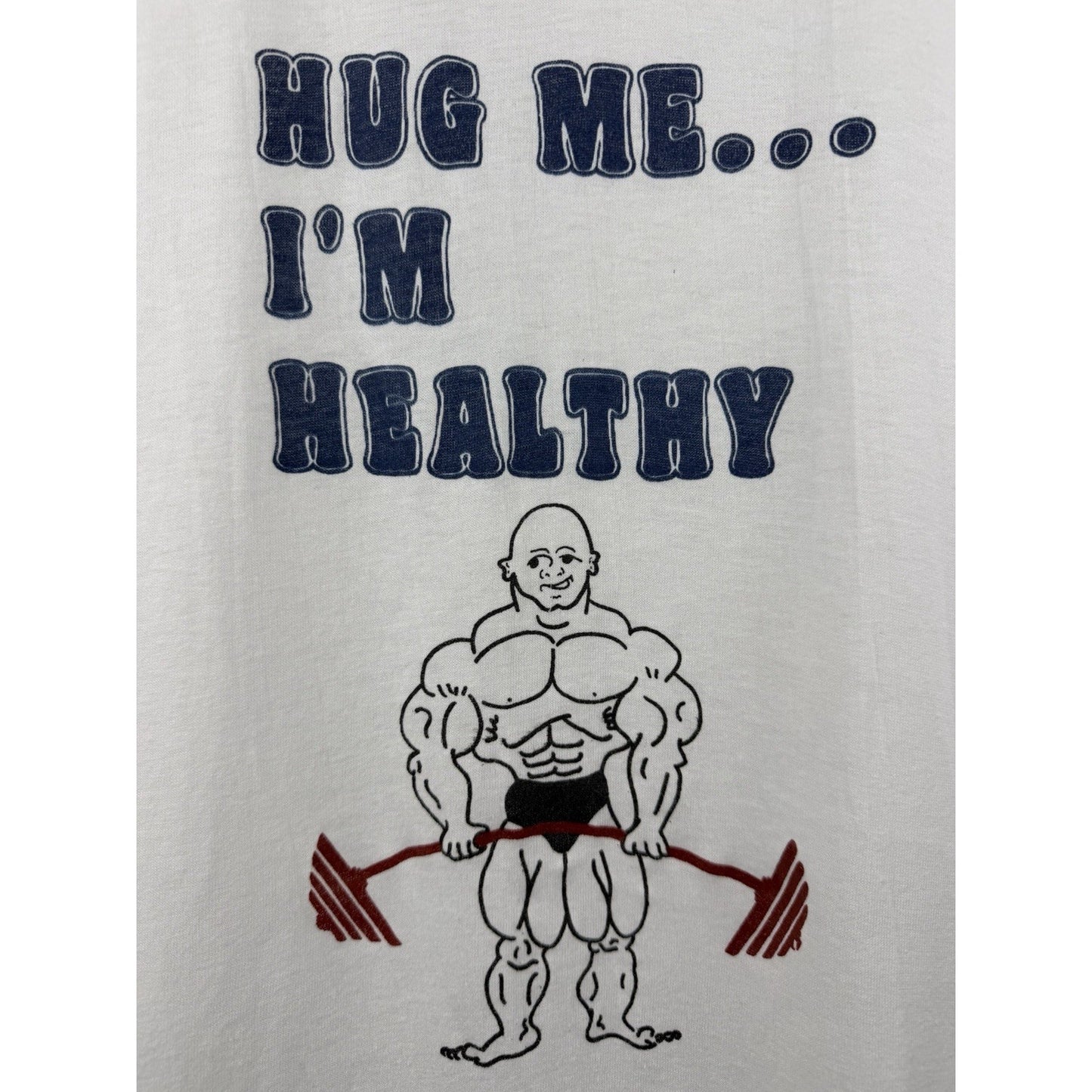 Vintage 70s Hug Me I’m Healthy Rare Weightlifting Bodybuilding Gym Tee XL 23x28