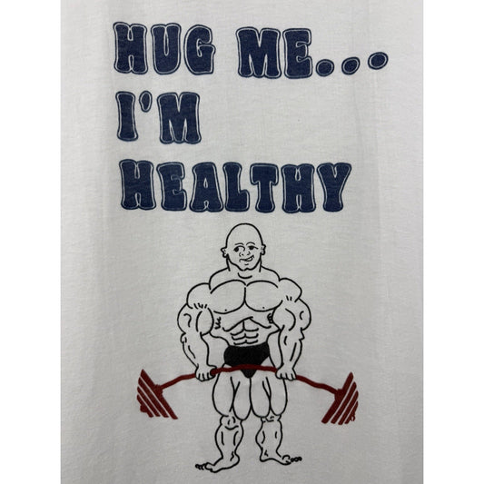 Vintage 70s Hug Me I’m Healthy Rare Weightlifting Bodybuilding Gym Tee XL 23x28
