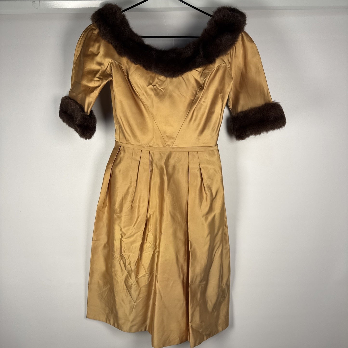 RARE 1940s Martha Phillips Couture Gold Wedding Guest Evening Gown With Fur Trim