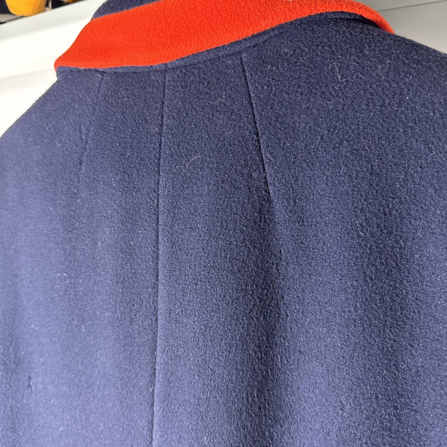 Vtg 1960s Lord & Taylor Navy Red Wool Overcoat Union Made Oversized Collar M/L