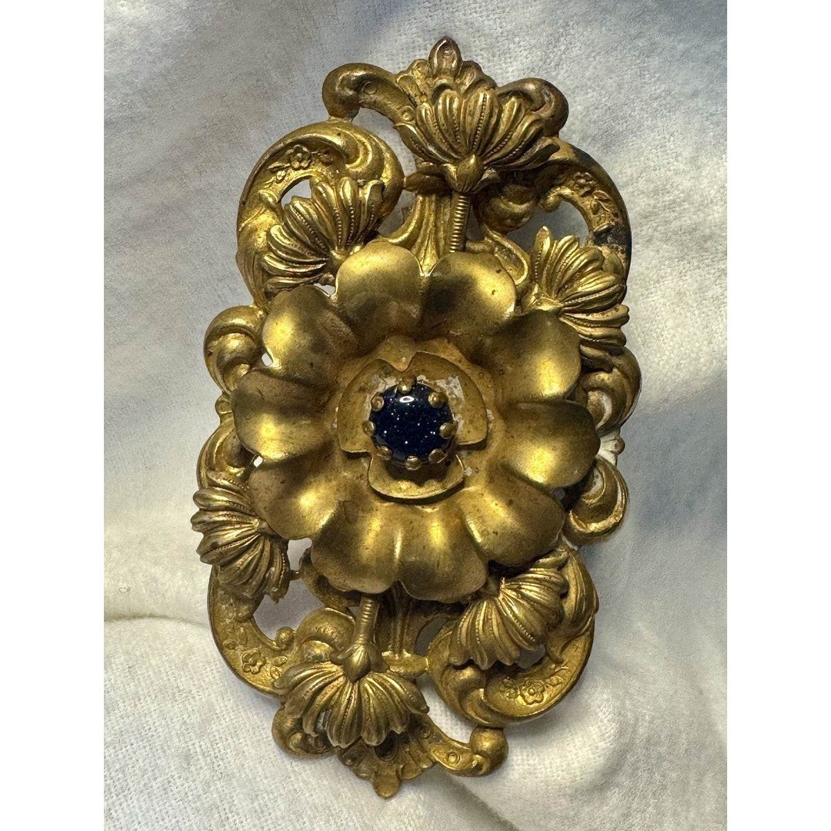 Antique Late Victorian Rococo Revival Brooch, c. 1870–1895 Black Glitter Floral