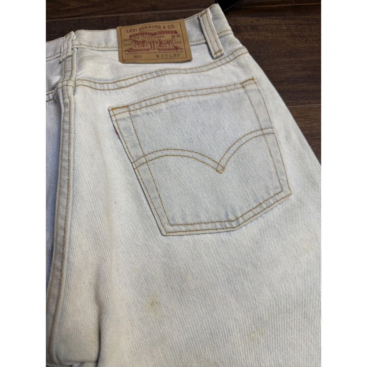 Vintage 90s Levi's 501 button fly jeans, gold splatter, USA, 28x30