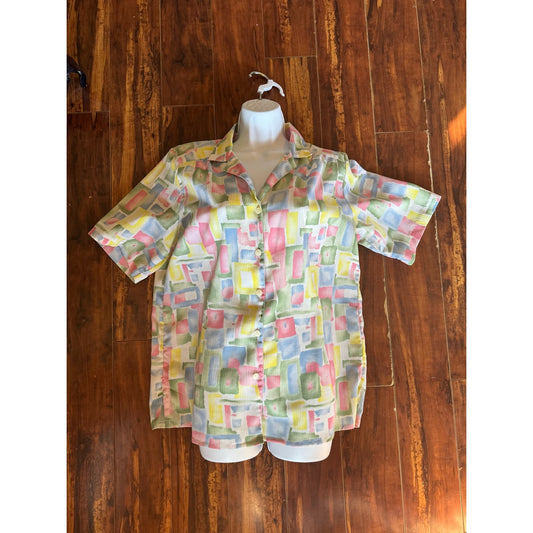 Pastels and pastries, abstract button-up blouse (1980s)