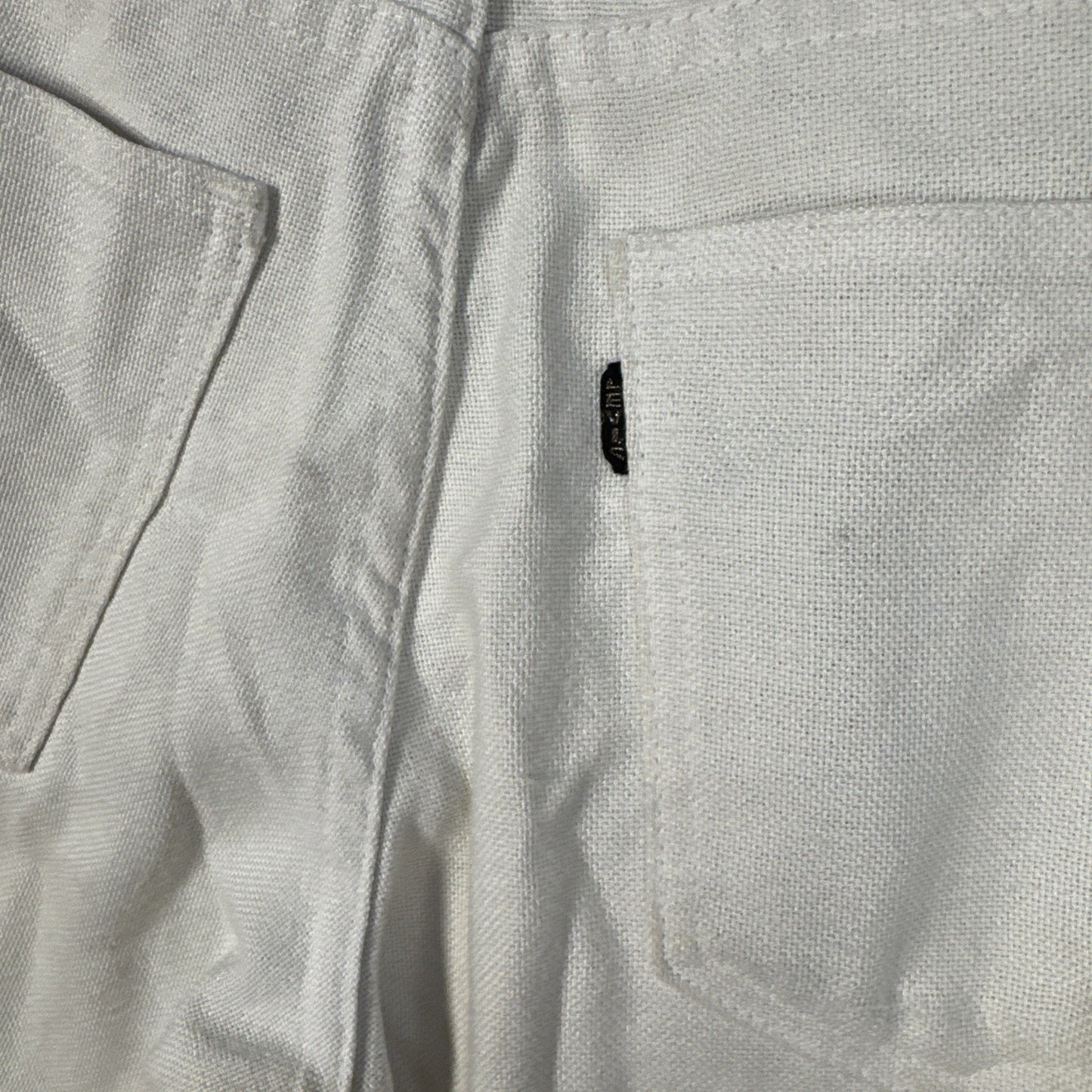 1970s Levi’s Sta-Prest Big E Black Tab Flared White Embellished Pants 28x31