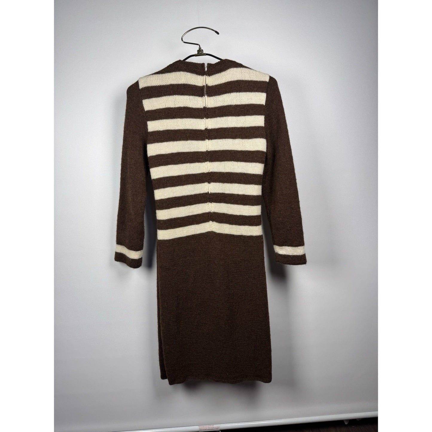 1950s Wool Striped Knit Dress Brown White Secretary Mad Men Pin Up Small-Med