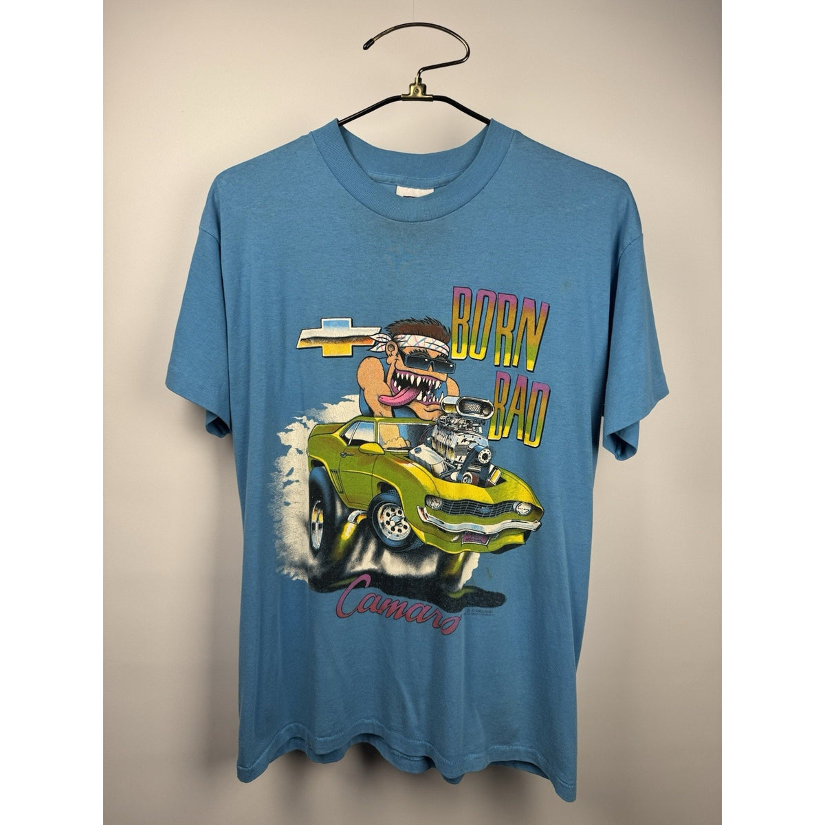 Vintage Chevy Camaro Born Bad tee, D. England art, single stitch, L