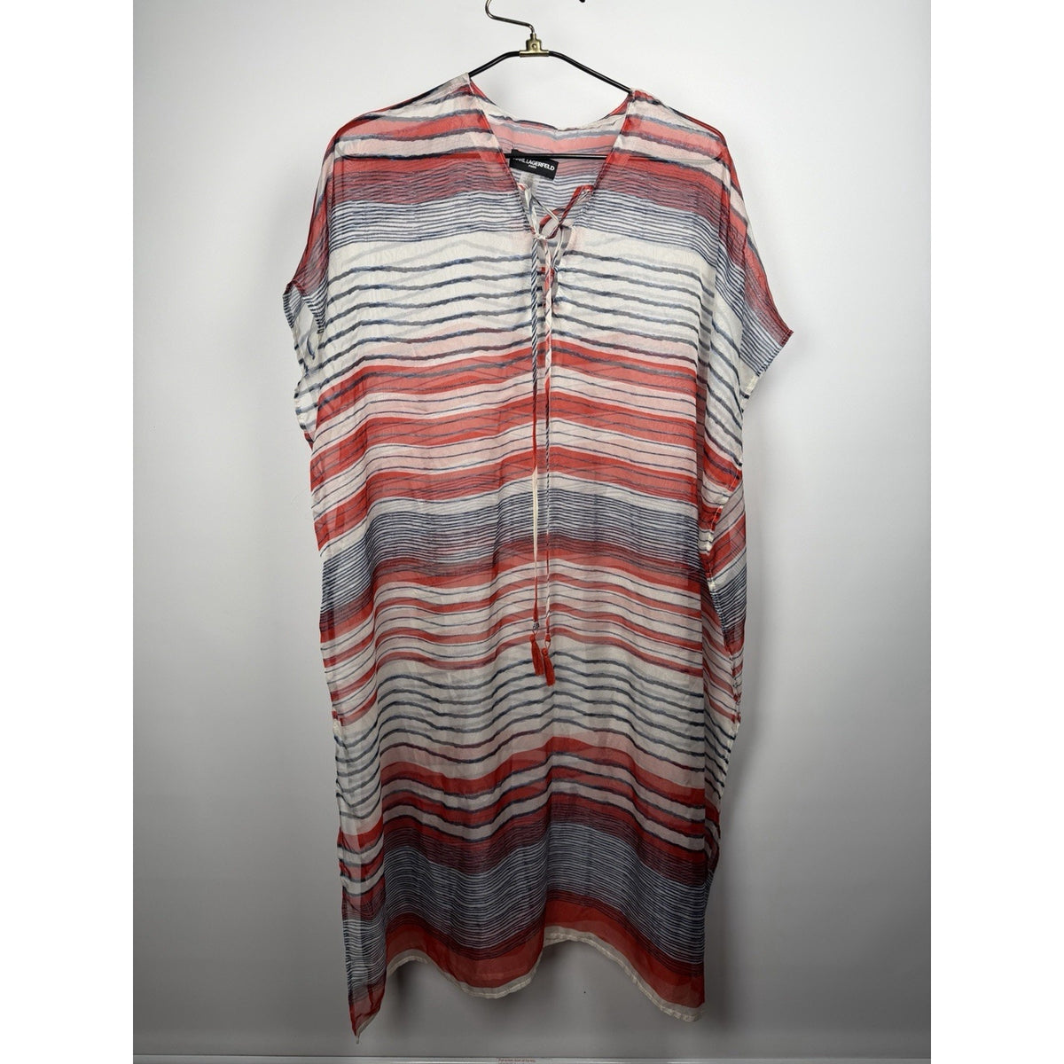 Karl Lagerfeld Swim Blue Red Nautical Stripes Caftan Maxi Coverup One Size Sheer