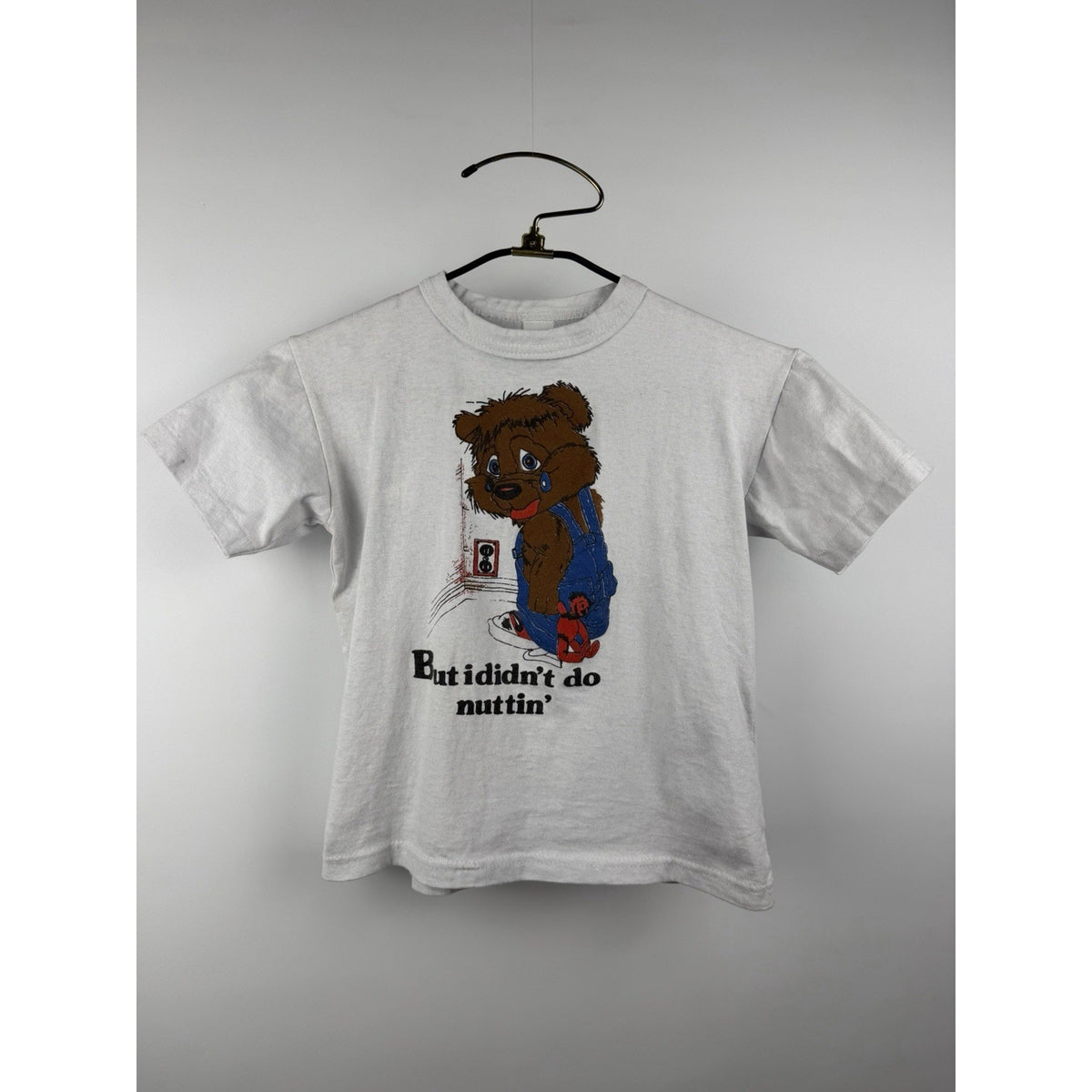 Vintage 80s But I Didn't Do Nuttin' sad bear baby doll tee, youth L