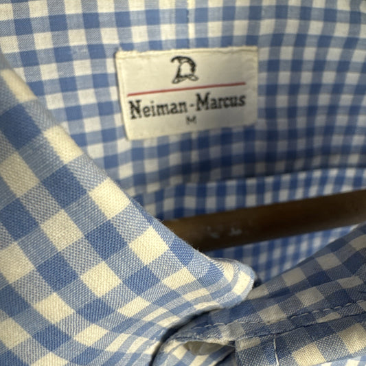 1970s Neiman Marcus Men’s Blue White Checked Button Down Shirt