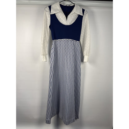 Vintage 1970s Gunne Style Prairie Maxi Dress Polka Dot Lace Sleeves Dagger XS