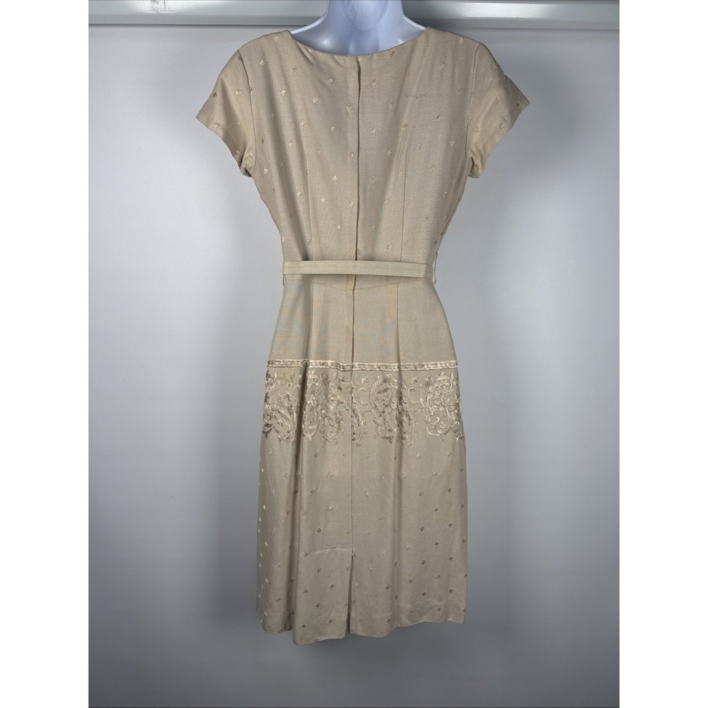 1950s Embroidered Tan Wiggle Pencil Dress - XS