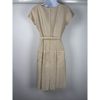 1950s Embroidered Tan Wiggle Pencil Dress - XS