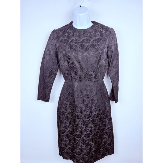 Vintage 60s Bombshell Mini Cocktail Dress Black Lame Brocade Sheath - small