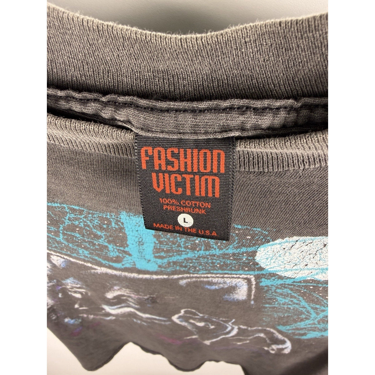 Vintage 90s Fashion Victim wolf tee, heavy fade, single stitch, L