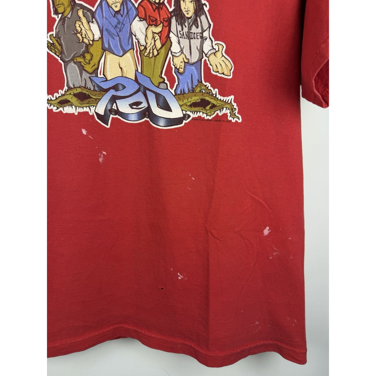 Vintage 2000 P.O.D. Payable on Death cartoon tee, thrashed, L