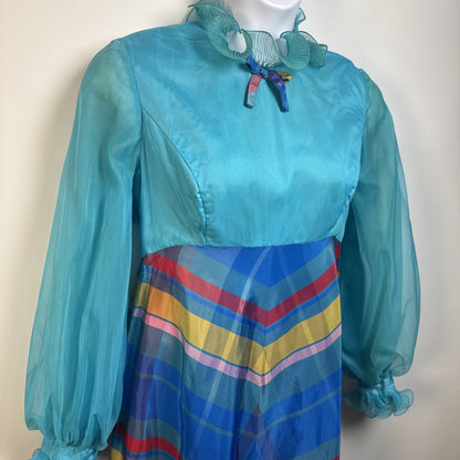 Vintage 1970s Dress Maxi Chiffon Overlay Bow Blue Pink Plaid L/XL Stunning