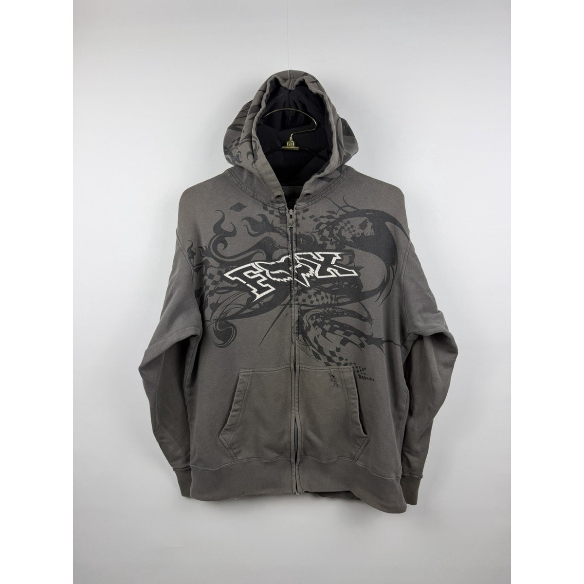 Vintage Y2K Fox Racing tribal all-over print zip hoodie, thrashed, XL
