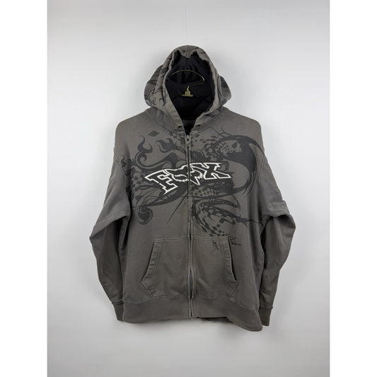 Vintage Y2K Distressed Fox Racing Hoodie Rare Tribal Zip Up Hood Print XL 24x27