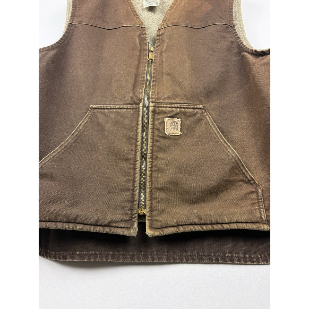 Distressed Carhartt V26 DKB brown sherpa lined Sandstone duck vest, 2008, XL
