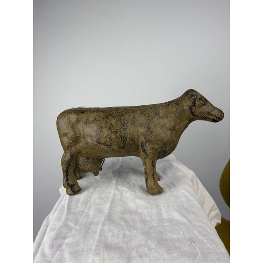 Vintage Cast Iron Cow Figurine 6" Farm Animal Statue Rustic Brown Bull Decor