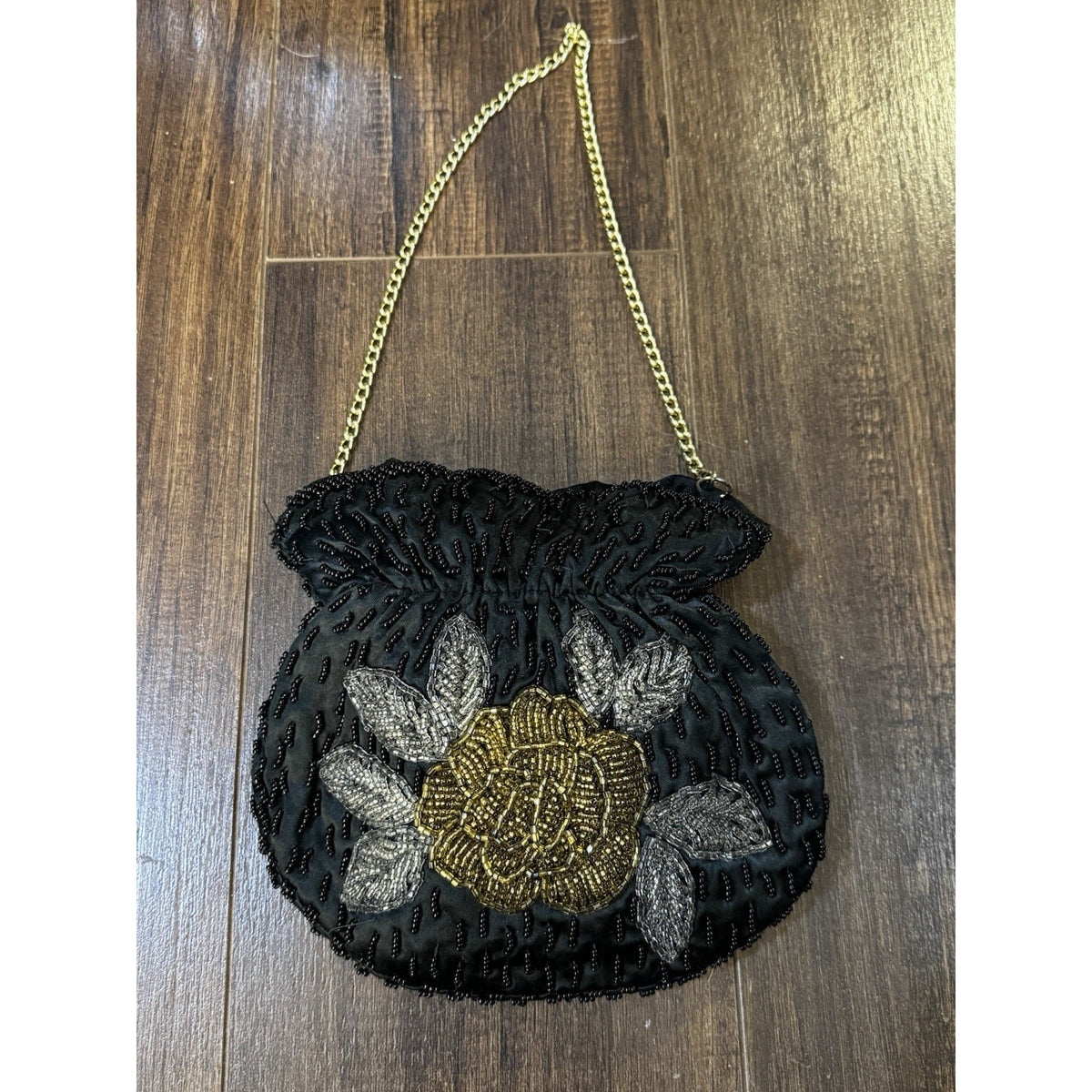 Vintage MCM 1950s La Regale Beaded flower Black Silver Gold evening Bag