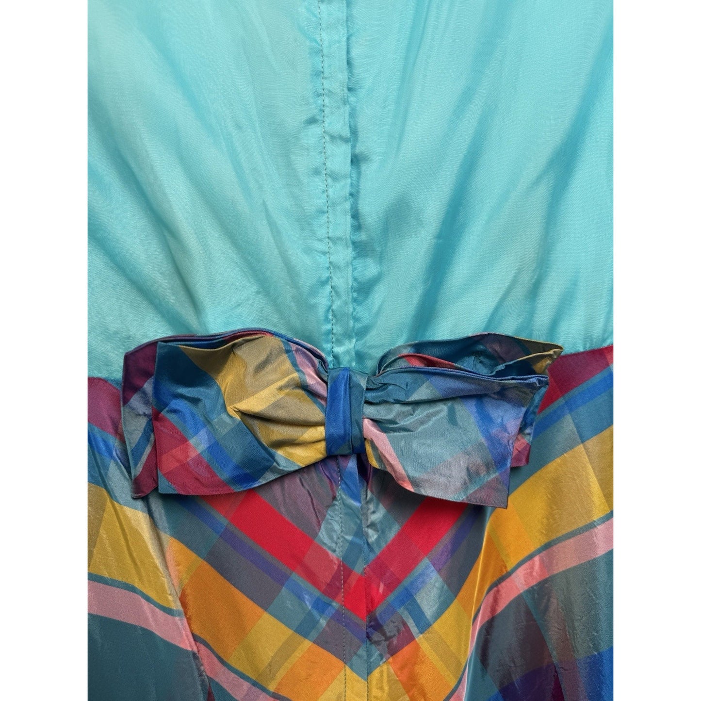 Vintage 1970s Dress Maxi Chiffon Overlay Bow Blue Pink Plaid L/XL Stunning