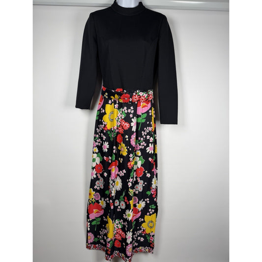1960s Eve Carver Long Sleeve Black Floral Maxi Dress With Belt - Small