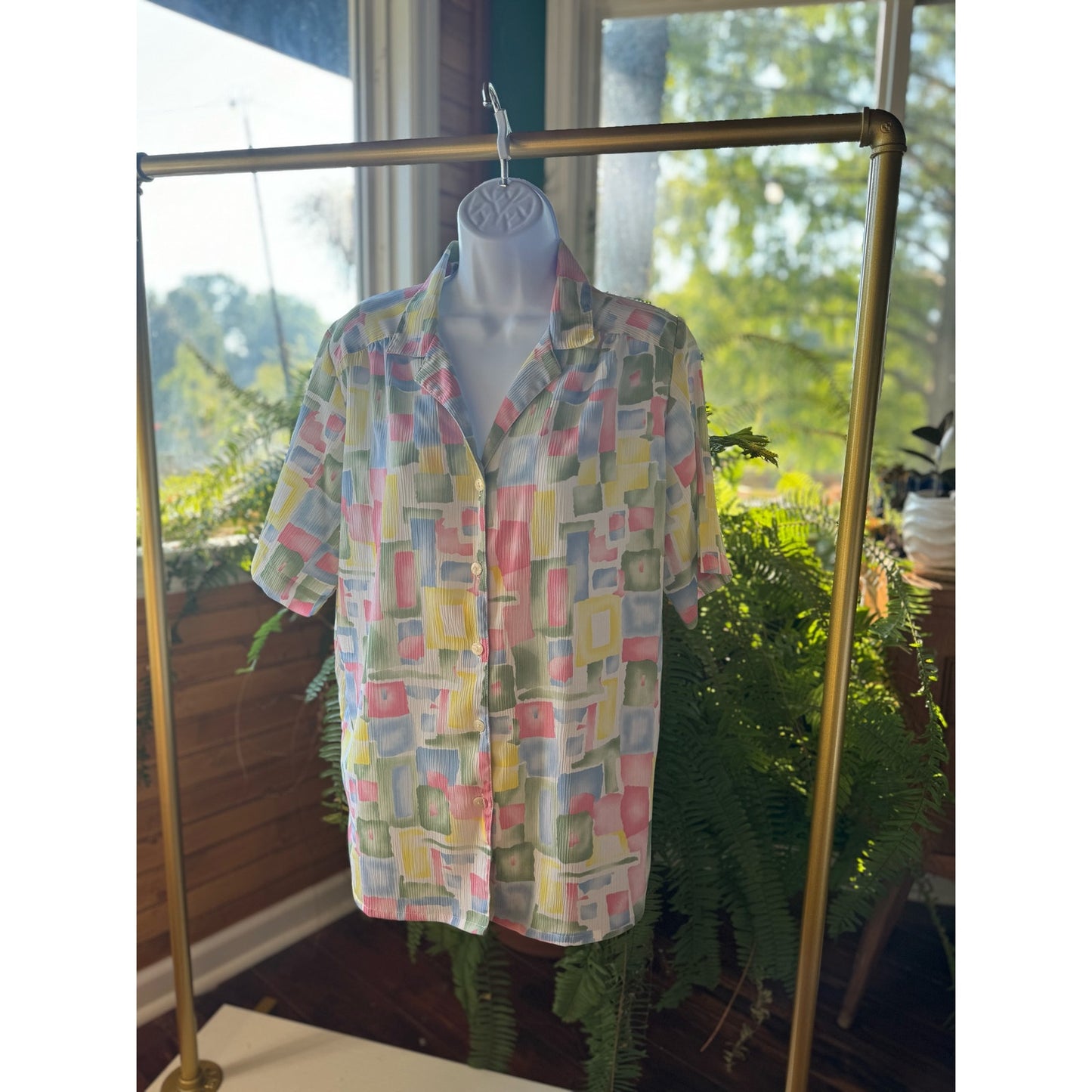 Pastels and pastries, abstract button-up blouse (1980s)