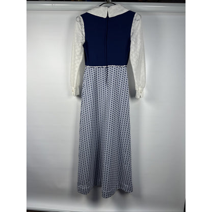 Vintage 1970s Gunne Style Prairie Maxi Dress Polka Dot Lace Sleeves Dagger XS